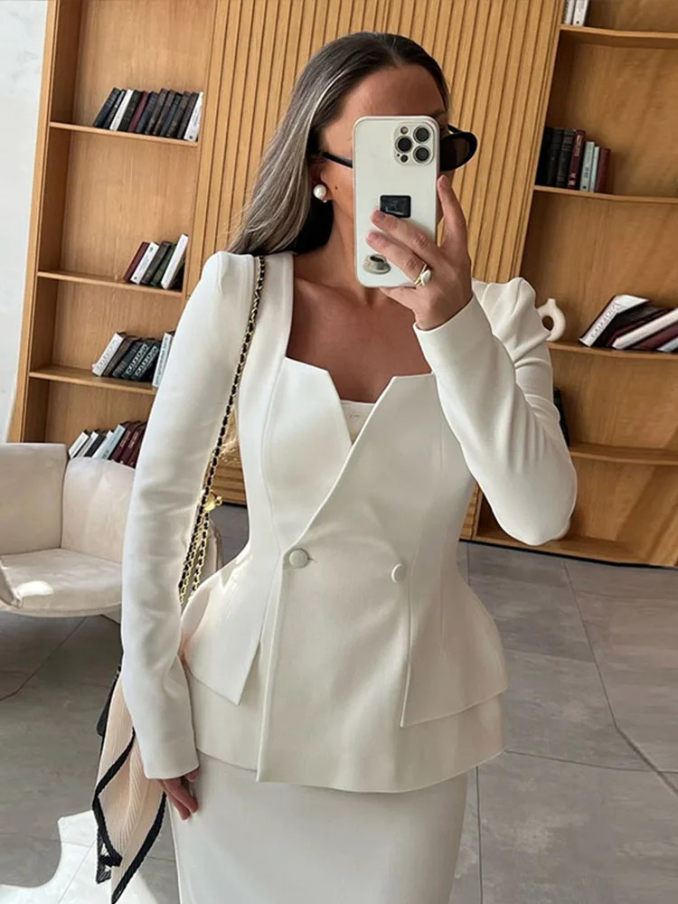 Elegant White Coat Skirt Set Fashion Square Collar Slim Jacket High Waist Long 2024 Autumn Ladies Cummuter Suit 250122