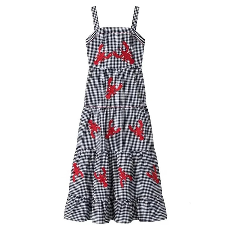 HXAO Women Ruffle Embroidery Slip Dress Sleeveless Plaid Dress Pleated Backless Beach Dress Holiday Woman Summer Dress 2024 250107