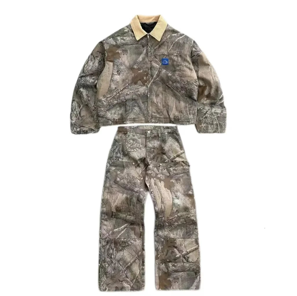 Autumn and Winter Camouflage Casual Suit Retro Collar Long Sleeved Jacket Loose Straight Pants Men Street Sports Streetwear 250121