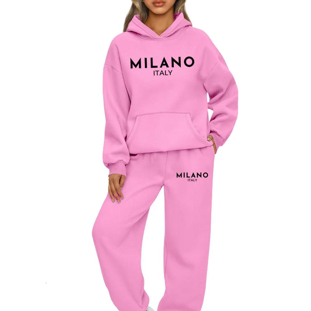 2 Piece Set Women Outfit MILANO Letter Print High Neck Hoodies Sweatshirt Pants Tracksuit Plus Size Streetwear Casual Suit 250122