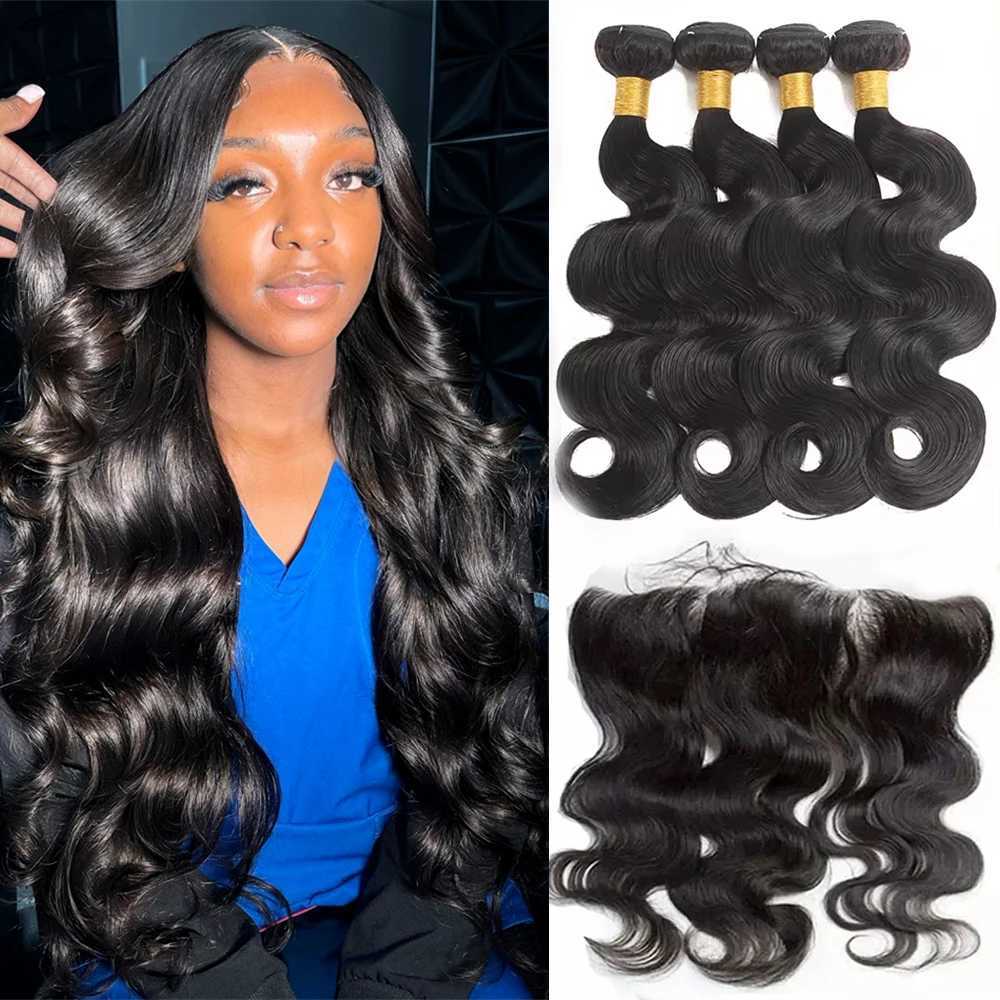 28 30 Inch Body Wave Bundles With Lace Frontal Brazilian Double Drawn 100% Raw Human Hair Bundles with Clo Frontal 13x4 LaceXJ250120