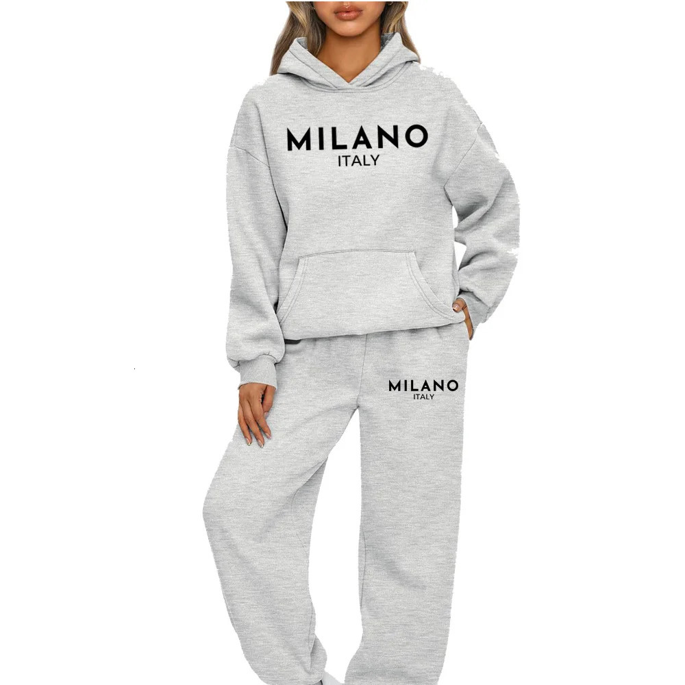 2 Piece Set Women Outfit MILANO Letter Print High Neck Hoodies Sweatshirt Pants Tracksuit Plus Size Streetwear Casual Suit 250122