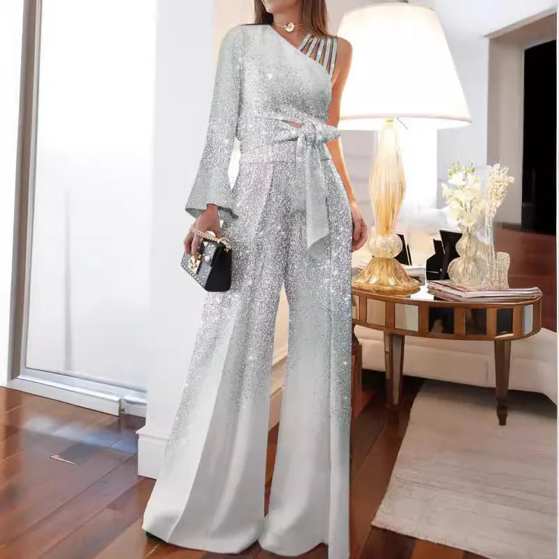 Arrival 2024 SpringSummer Womens Wear One Shoulder Bell Sleeve Casual High Waist Wide Leg Pants Set 250122