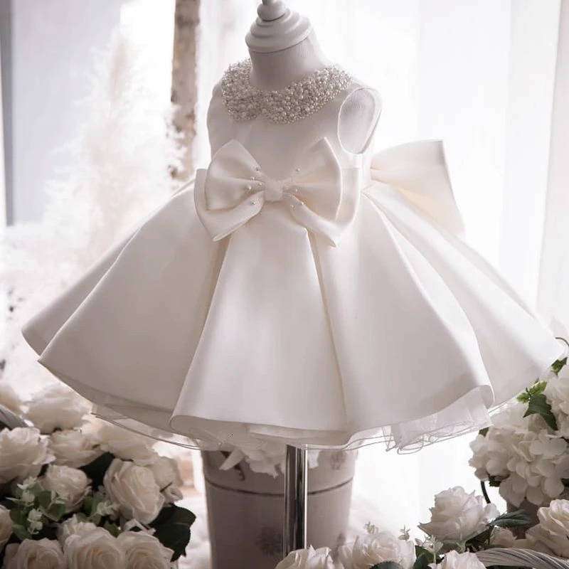 born White 1st Birthday Dress For Baby Girl Clothes Beading Princess Dress Girls Dresses Big Bow Baptism Party Gown 0-4 Year 250115
