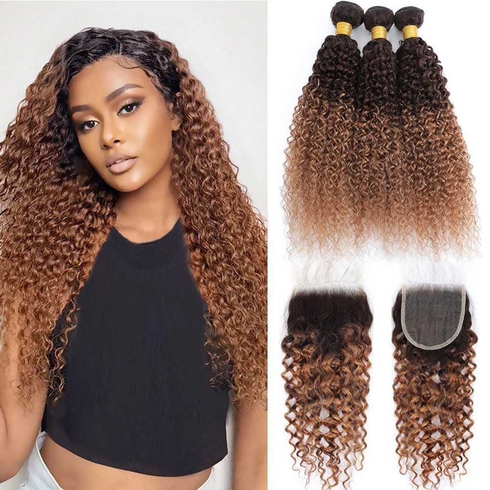 Curly Bundles With Clo Human Hair 2 Tone T4/30 Ombre Human Hair Bundles With Clo Brazilian Remy Human Hair ExtensionsXJ250120