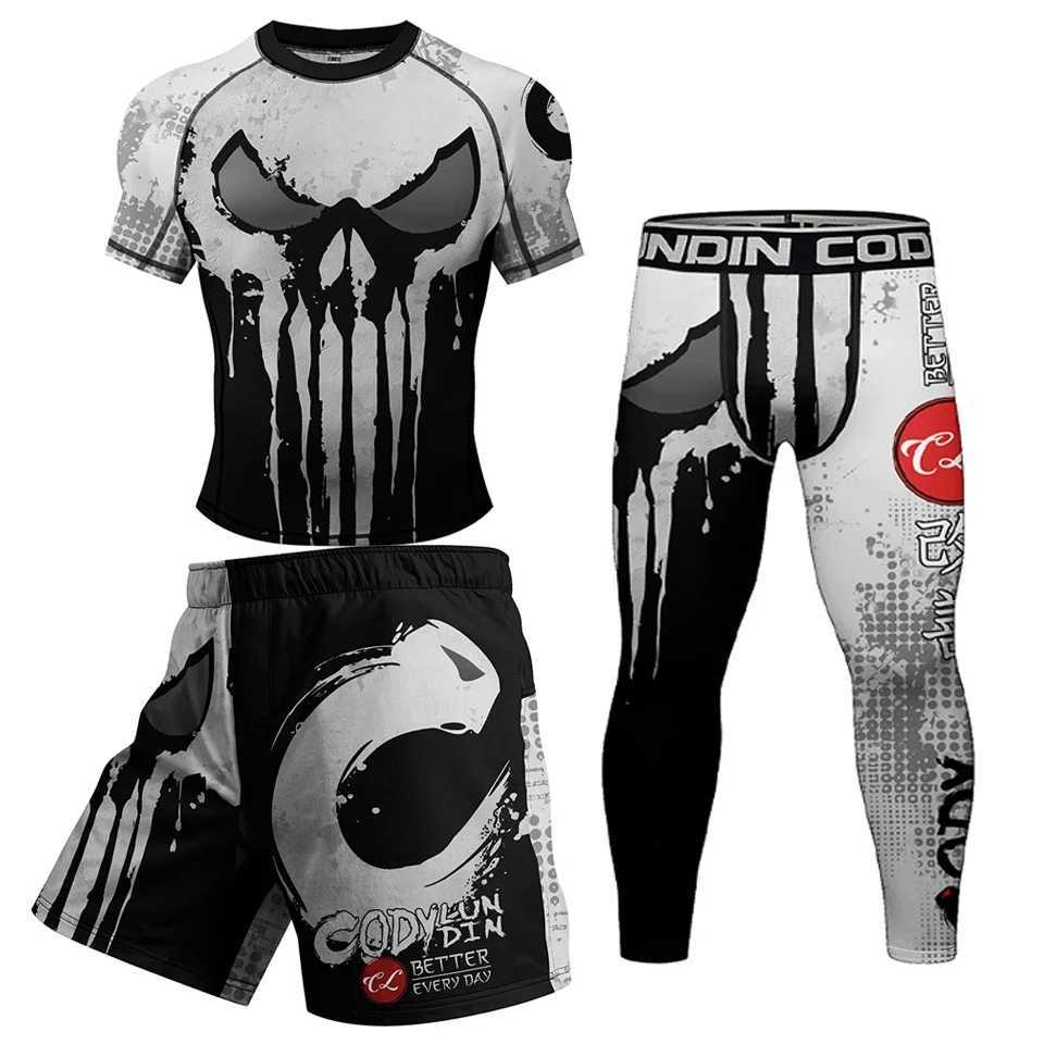 Jiu jitsu Rashguard Mens MMA Boxing T-shirt+Pants Set Compressed Rash Guard Sportswear Bjj Taekwondo Shirt Muay Thai Shorts X250129