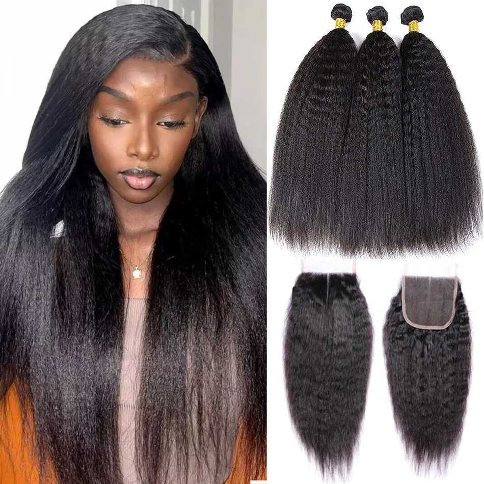 Brazilian Kinky Straight Hair Bundles With Clo Ear to Ear Coarse Yaki Bundles With Frontal Clo Remy Human Hair ExtensionXJ250120