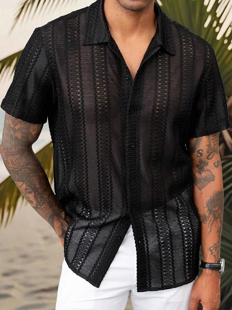 Daily Casual See Through Mesh Shirt For Mens Autumn Beach Sexy Hollow Out Mesh Lace Shirts Men Short Sleeve Breathable Tops 250118