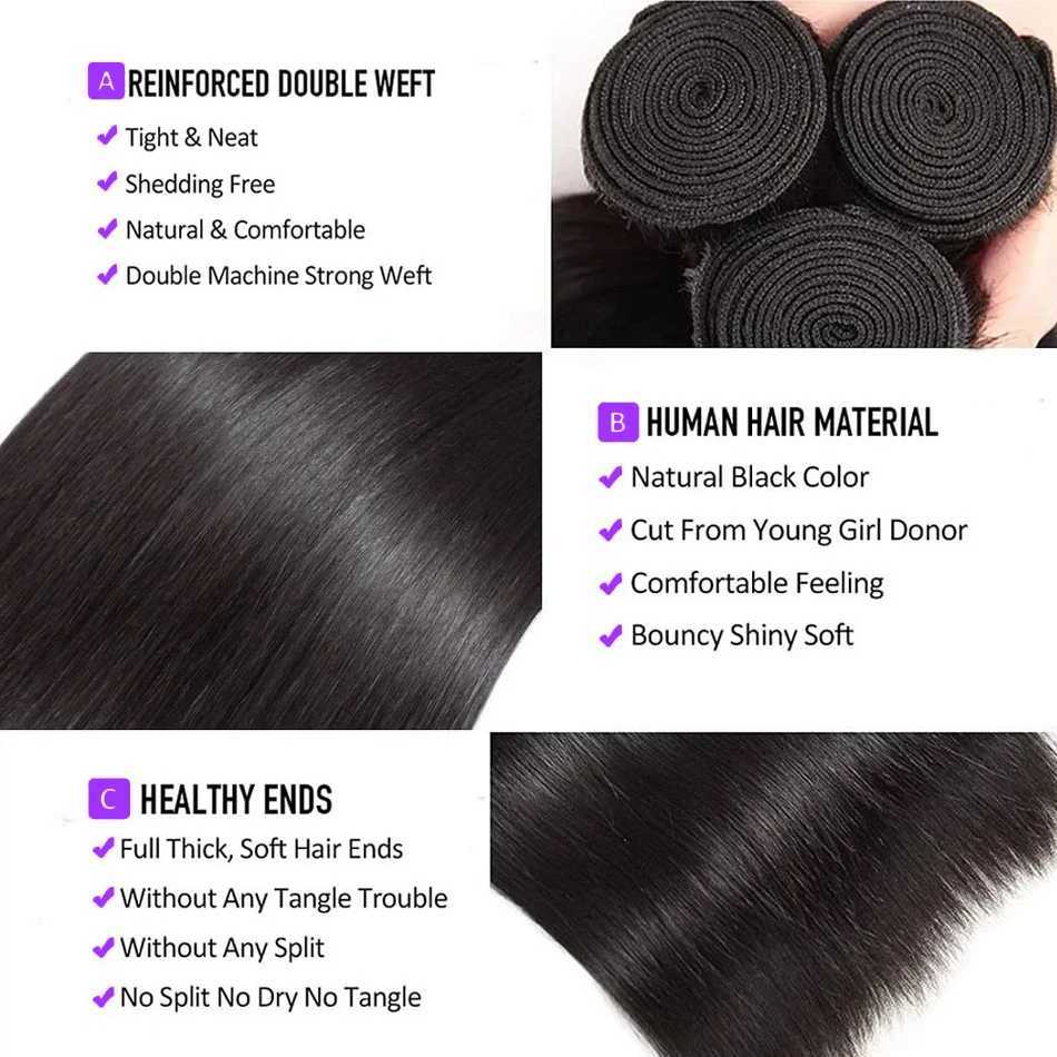 34 36 inch Straight Human Hair Bundles with Clo 4x4 Raw Brazilian Hair Extensions Weave 3 4 Bundles with Transparent CloXJ250120