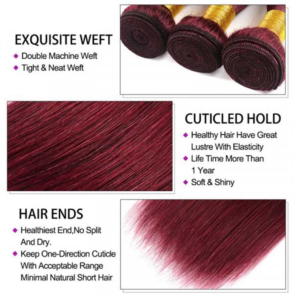 Straight Hair Bundles with Frontal 99j Burgundy Red Wine Color 100% Unprocessed Human Hair Weaves 3 Bundles with 13x4 HD FrontalXJ250120
