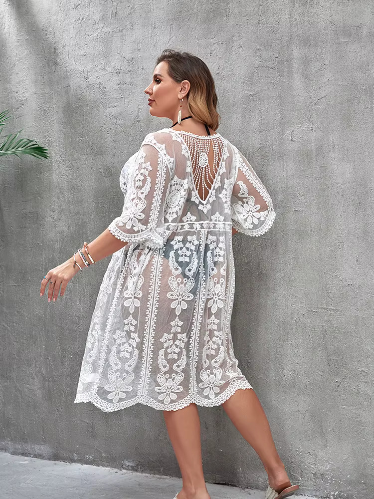 Plus Size Cover Up Tunic Dress Summer Women Beach Wear Boho Swimsuit Ups White Robe Dresses Long Pareo Beachwear