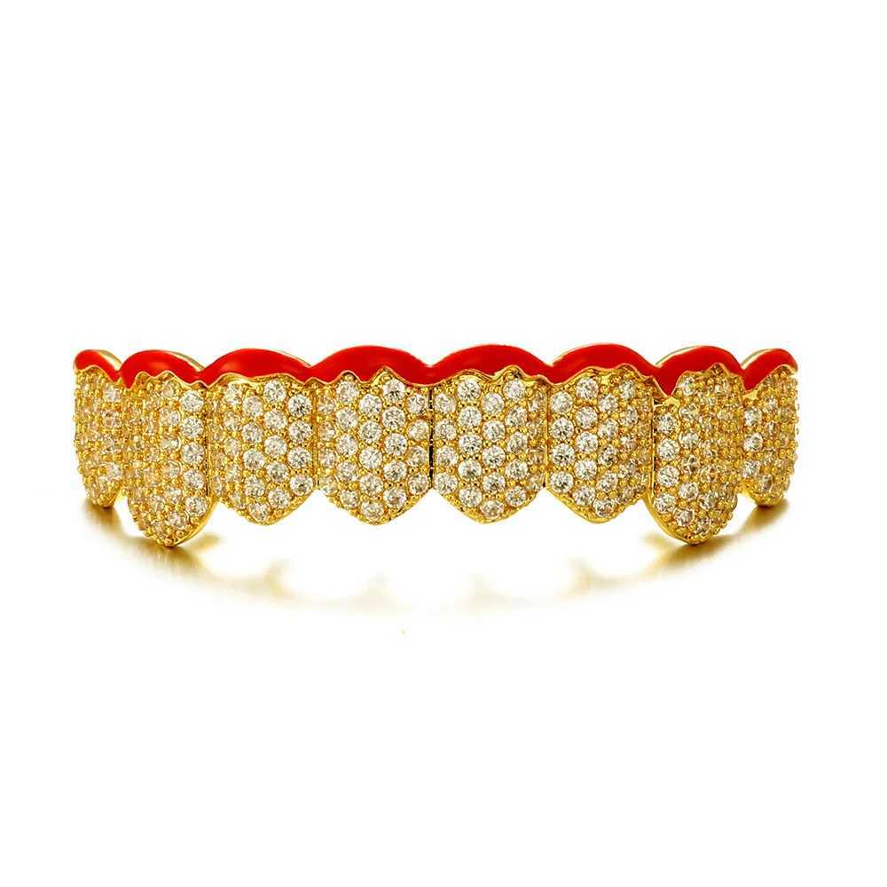 8/8 Red Drip Oil CZ Teeth Grillz Caps Cubic Zircon Iced Out Micro Pave Top Bottom Charm Grills For Men Women Jewelry GiftXJ250114
