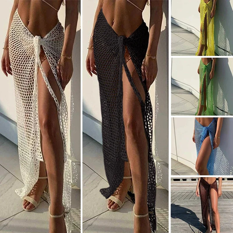 Sexy Wrap Skirt Binding Rope Beach Wear Sarong Arrival Women Knitting Crochet Hollow Out Cover Up Solid Color Dress 250120