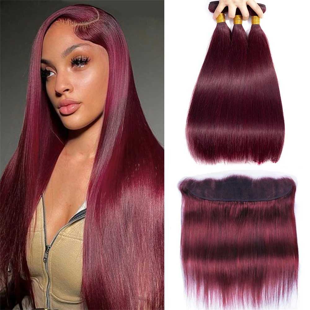 99J Red Straight Human Hair 3 Bundles With 13x4 Frontal HD Lace Front Hair Extensions For Women 30Inch Burgundy Weavings BundlesXJ250120