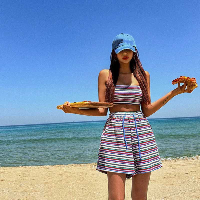 2024 Womens Swimwear Fe Swimsuit Striped Padded Bandeau Bathing Suits Girls Korean Beach Wear High Waisted Bikini ShortsXJ250120