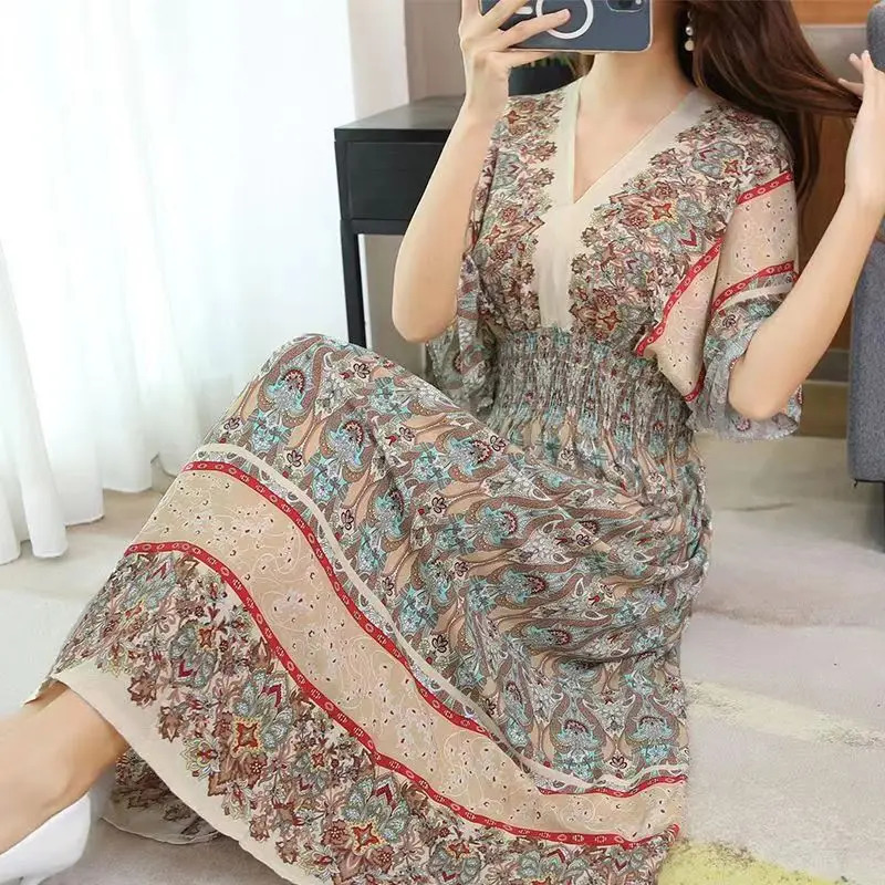 Spring Casual Elegant Retro Bohemian Style V-neck Elastic Waist Large Swing Printed Long Skirt Autumn Summer Dress 250122