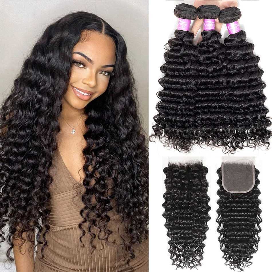 Cranberry Hair Deep Wave Bundles With Clo 100% Remy Malaysian Human Hair Bundles With Clo Free Part 4x4 Lace CloXJ250120