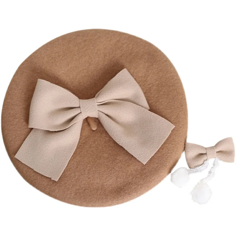Japanese beret lolita girl heart sweet woolen female solid color pom-pom bow autumn and winter warm painter hat 250120