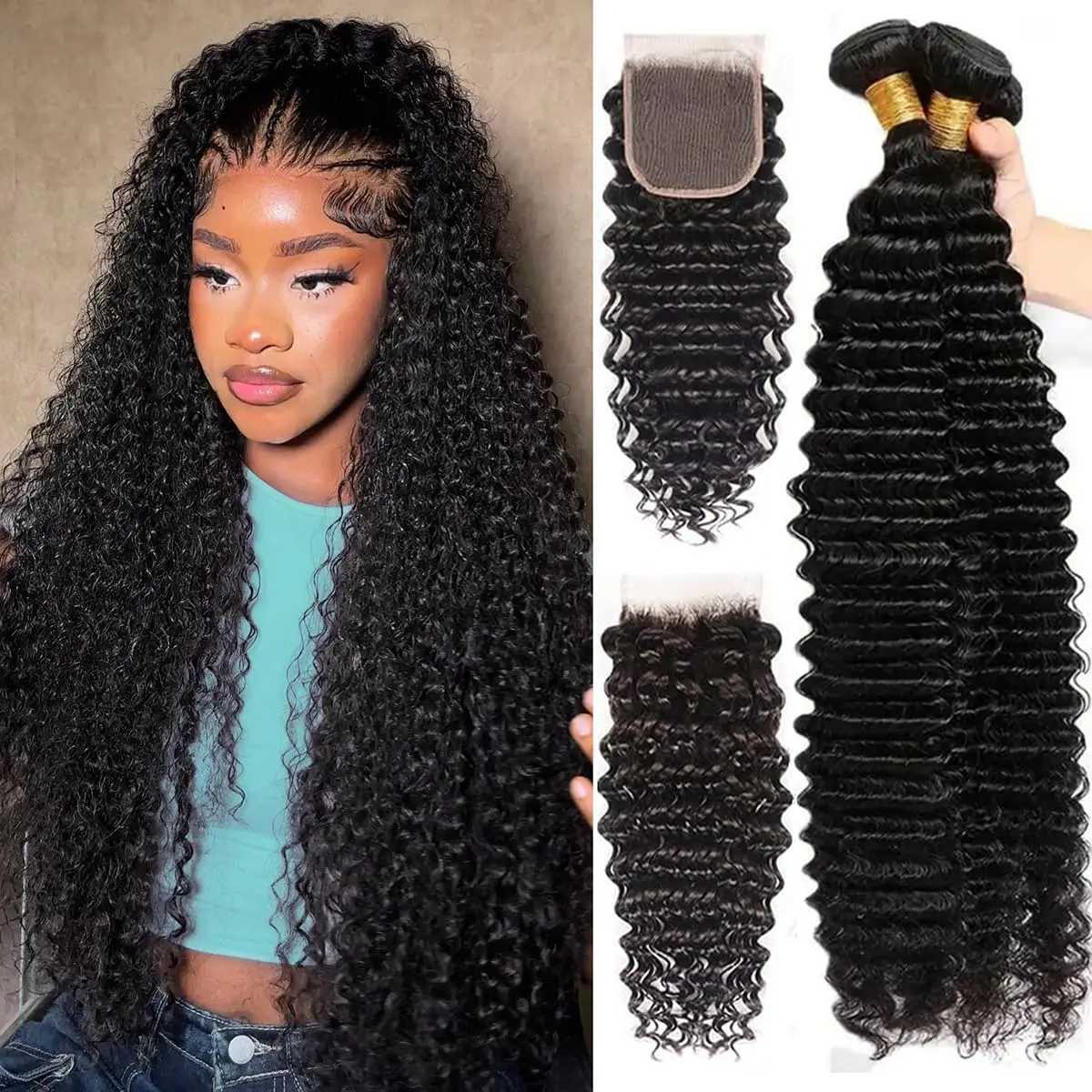 Deep Wave Bundles With Clo Brazilian Virgin Human Hair 3 Bundles With 4x4 Lace Clo for Black Women Natural Color 30 inchXJ250120