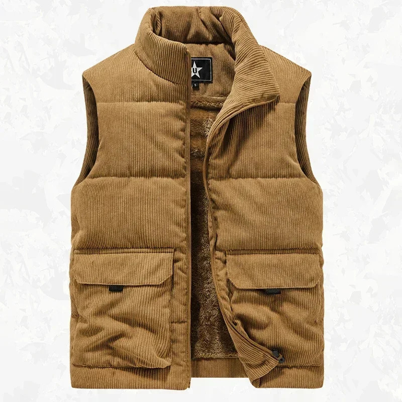 6XL Mens Winter Plussize Corduroy Cargo Sleeveless Jacket Thick Warm Fleece Lining Multipocket Outdoor Hiking Safari Work Vest 250114Z