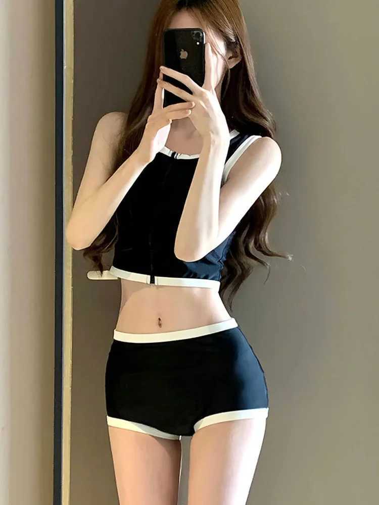 OIINAA Bikini Set Women Vest Shorts Swimsuit Spliced Zipper Two-Piece Fashion Fe Swimwear Bathing Holiday Simple BeachwearXJ250120