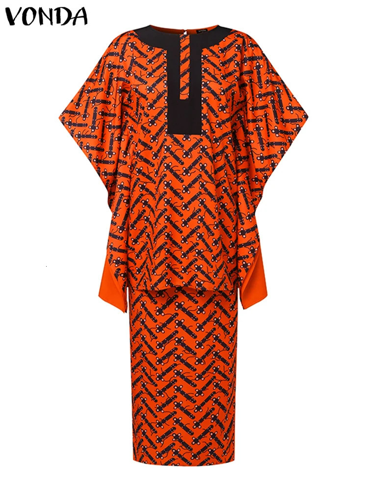Plus Size 5XL VONDA Women Summer Dress Sets 2024 Half Bat Sleeve Vintage Printed Top Elastic Waist Maxi Suits Matching 2PCS 250122