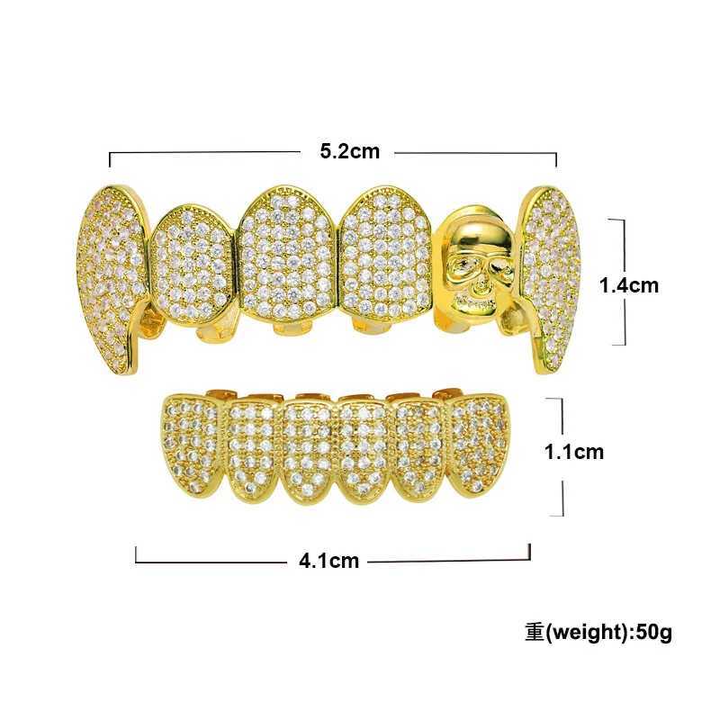 Hip Hop Teeth Grillz Skull Shape Gold Plated Dental Grills Rock Tooth Grillz Caps Crystal Teeth Caps Halloween Vampire ToothXJ250114