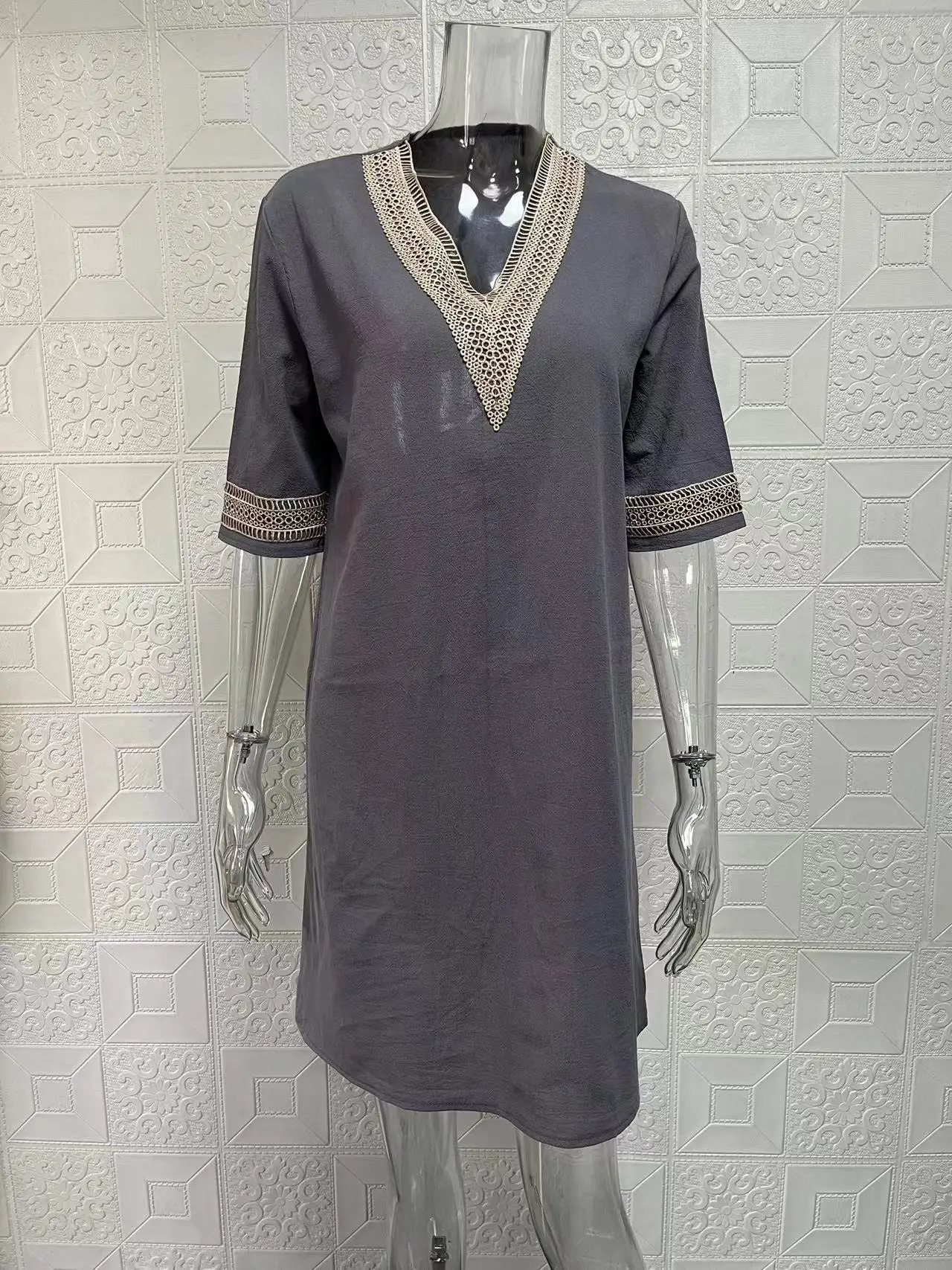 solid color Vneck mid sleeved cotton linen elegant dress 250121