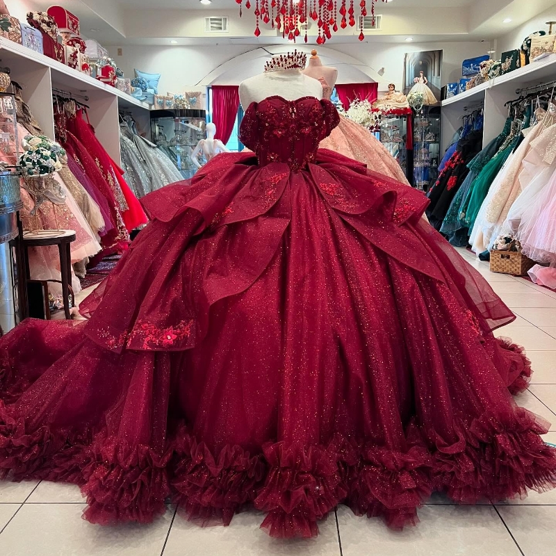 Red Shiny Quinceanera Dresses Ball Gown Off Shoulder Appliques Lace Beading Crystal Bow Tull Tiered Birthday Party Sweet 16 dress Vestidos15 Anos