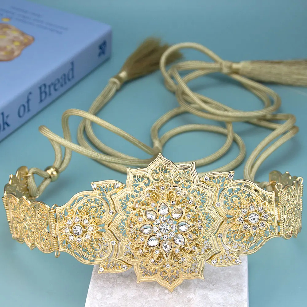 Sunspicems Chic Moroccan Caftan Belt Hand Rope Tassels Waist Chain For Women Gold Color Crystal Waistband Adjustable Length 250121