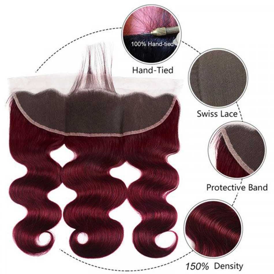 99J Body Wave Bundle with Frontal Human Hair 3 Bundle With 13x4 Lace Frontal Clo Body Wave Dark Burgundy Bundle with FrontalXJ250120