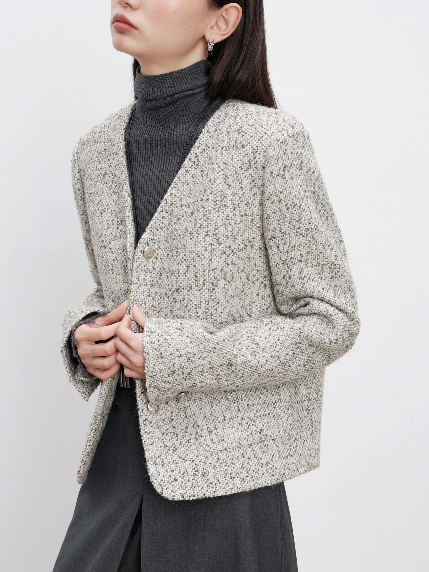 ZIQIAO 146% Wool Women Tweed Jacket Temperament VNeck Female Autumn Short Full Sleeve Single Breasted Coat 24ZQ94201 250122
