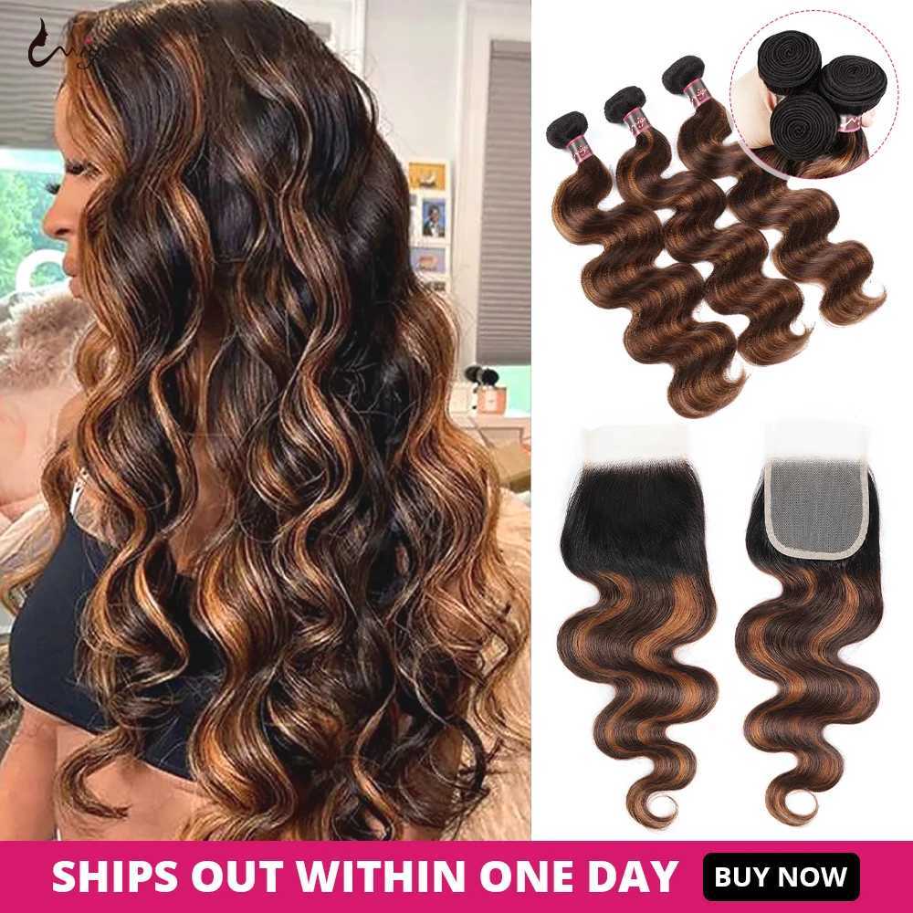 FB 30 Body Wave Bundles With Clo Highlight Brazilian Human Hair Extension Bundles With 4x4 Clo Ombre Brown Bundles HairXJ250120