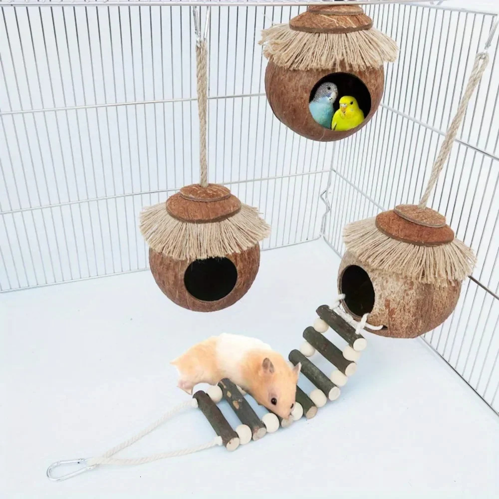 Hamster Parrot Honey Bag Glider Coconut Shell Nest Coconut Shell Breeding Nest with Ladder Toy Cage for Landscaping 250121