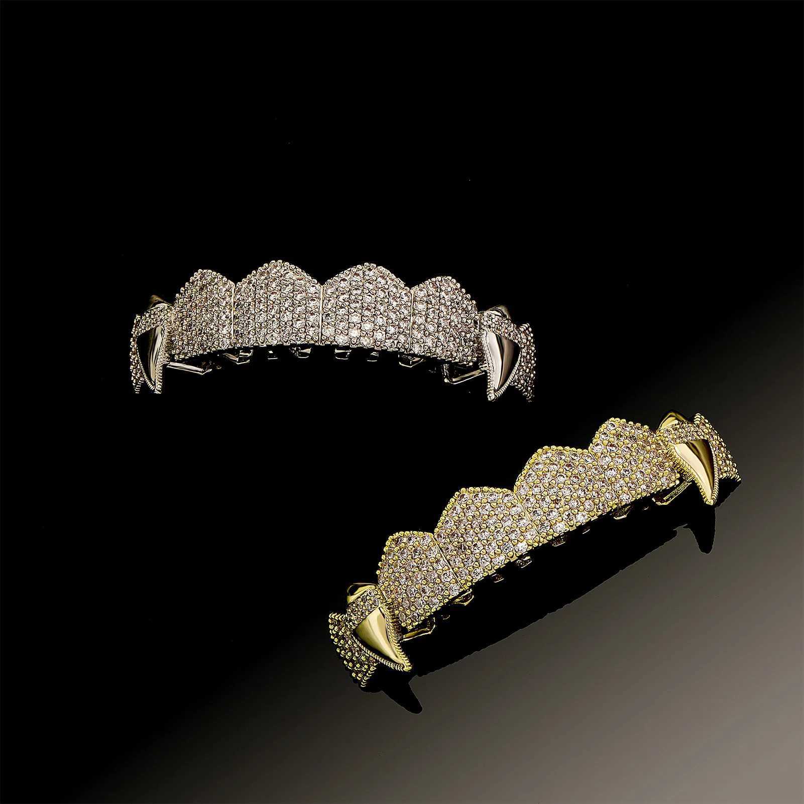 Gold Plated Iced Out Micro Pave Teeth Grillz For Men AAA Cubic Zirconia Grills Set Man Women Dental Jewelry GiftsXJ250114