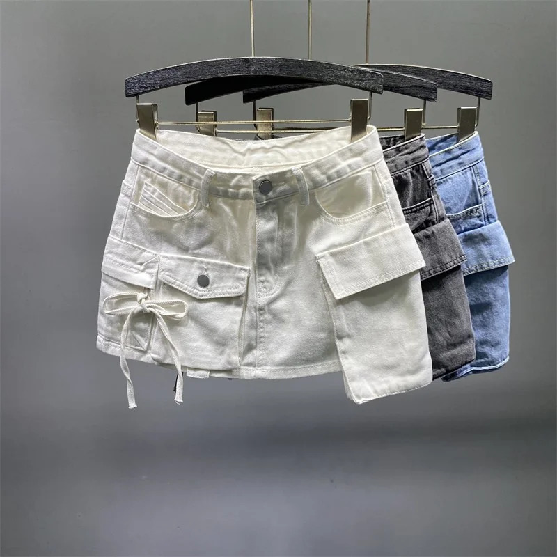 Irregular Pocket Cargo Denim Skirt Women Clothing Summer Fashion Sexy A-line Hip Skirts Female Bottoms Club Streetwear 250118