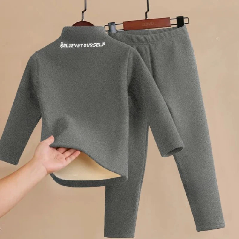 2-Piece Autumn Winter Fleece Childrens Turtleneck Warm Home Clothes Set Boys Girls Letter Print Pajamas and Pajama Pants Set 250113