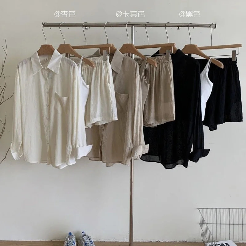 Lazy Korean Casual Polo Collar Sun Protection Shirt with Stacked Short Suspender Vest Shorts Three Piece Set for Woman 250122