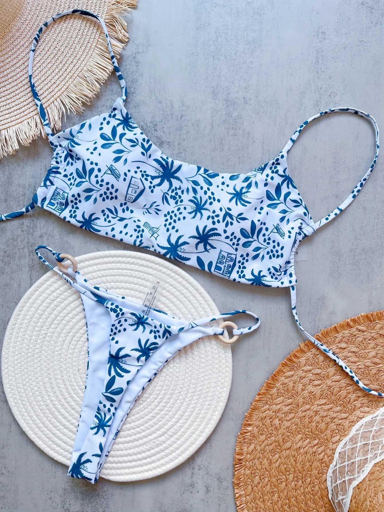 RUOTONGSEPT Women Swimsuit Knitted Bikini Set Sexy Blue White Print Split Swimsuit Bikini Brazilian Triangle SwimwearXJ250120