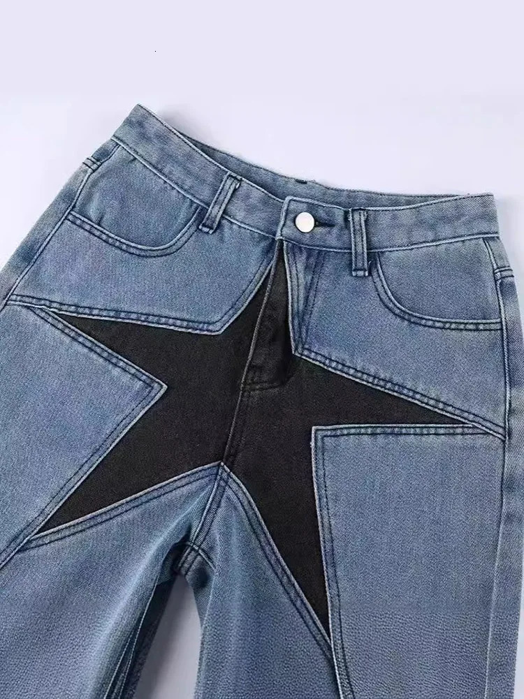 European and American Mens Street Fashion Loose Shorts Five-pointed Star Pattern Mid Waist Baggy Jeans Straight Pants 250109