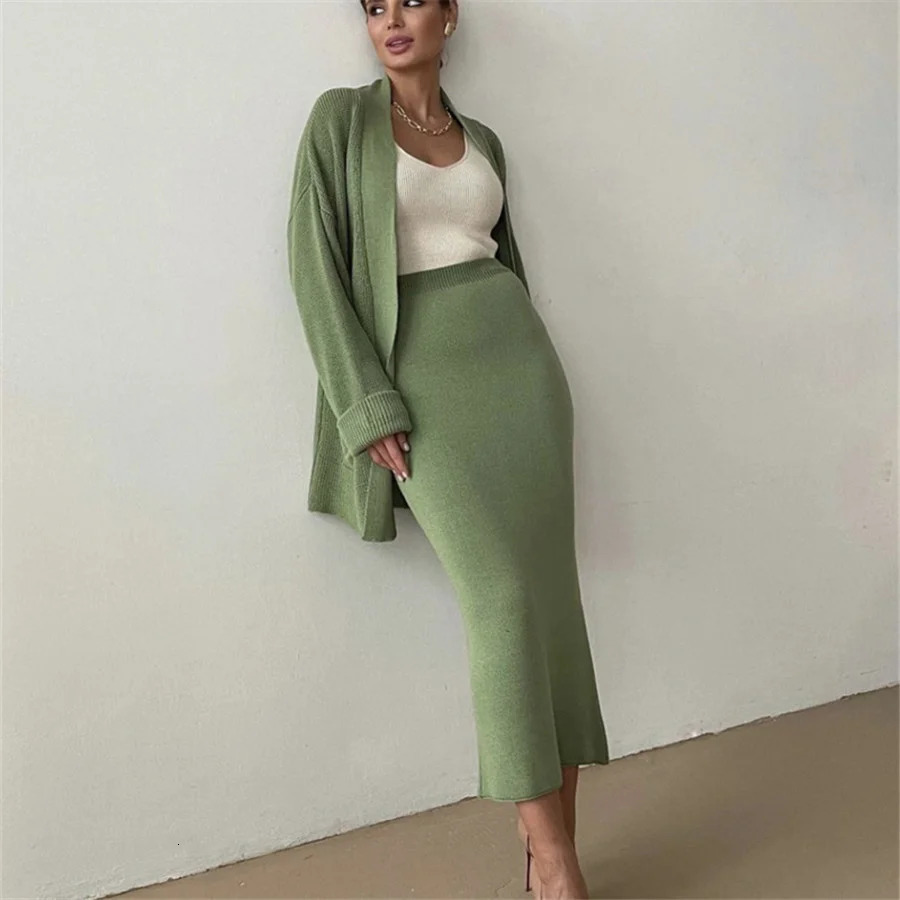 Women Knitted Two Piece Skirt Set Cardigan CoatElastic Waist Bodycon Skirt Solid Color Office Suits Female Autumn Streetwear 250121