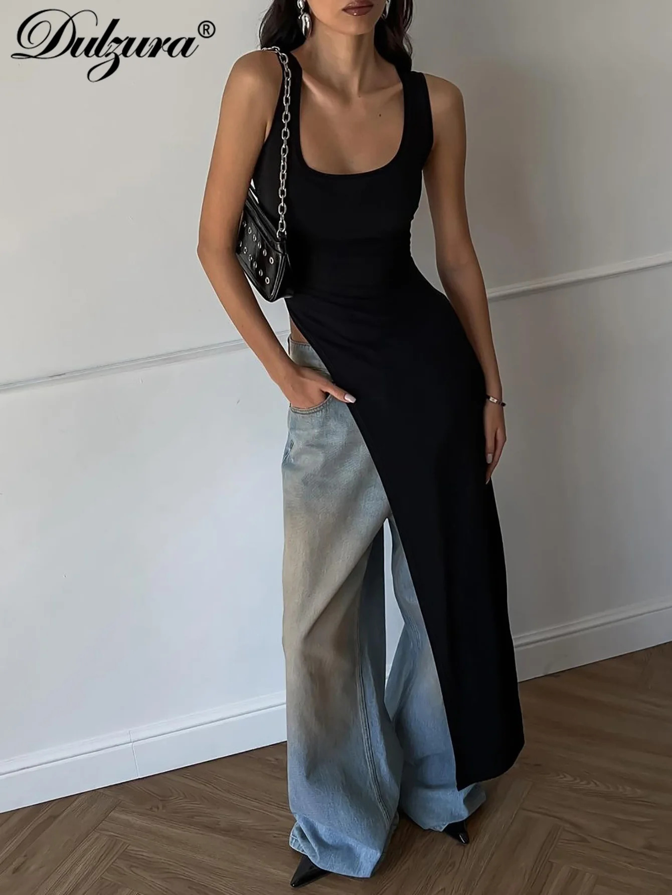 Dulzura 2024 Sexy Sleeveless Side High Split Dress Solid Backles Midi Dresses Summer Party Club Streetwear Clothes Y2K 250121