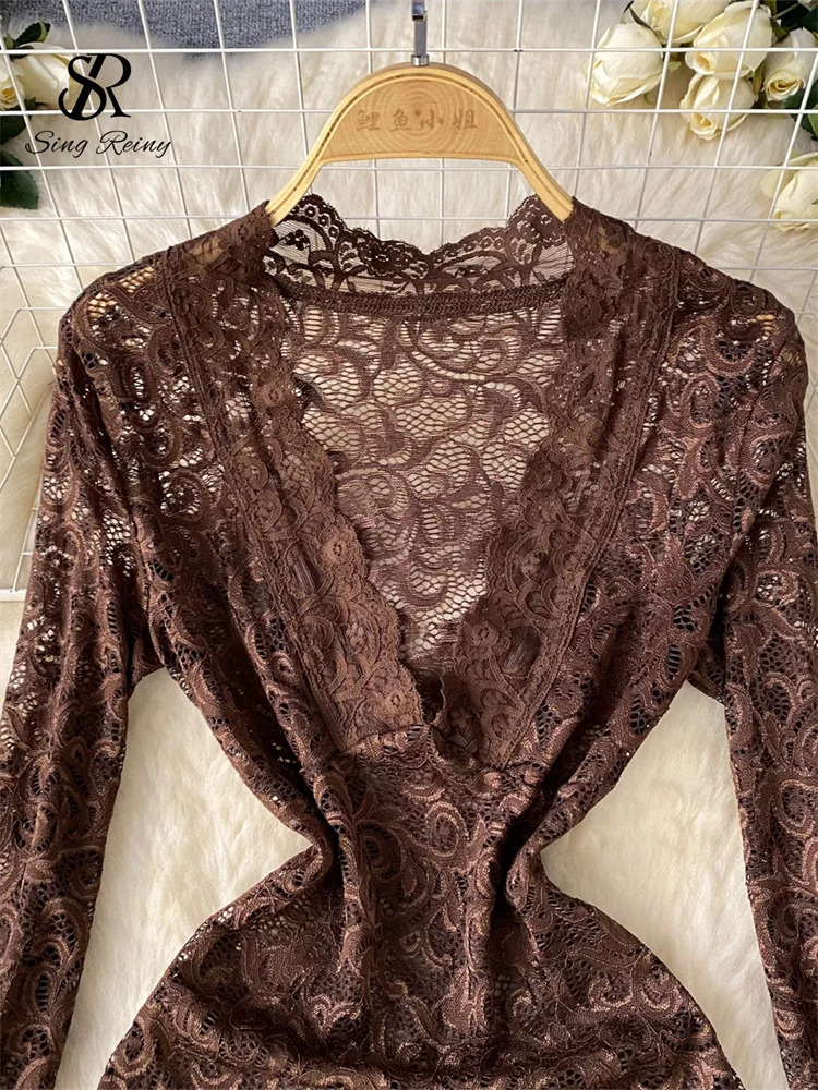 SINGREINY Ruffles Sheer Lace Dress Female V Neck Long Sleeve Dress Fashion Ladies Transparent Irregular Midi Long Sexy Dresses 250121