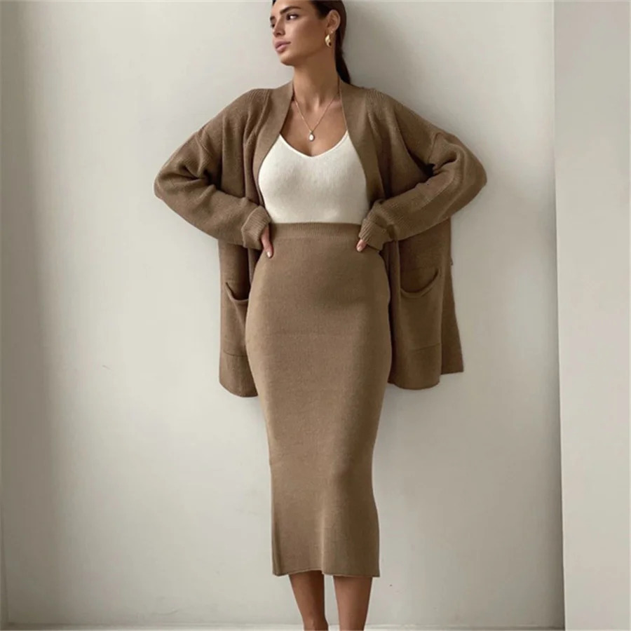 Women Knitted Two Piece Skirt Set Cardigan CoatElastic Waist Bodycon Skirt Solid Color Office Suits Female Autumn Streetwear 250121