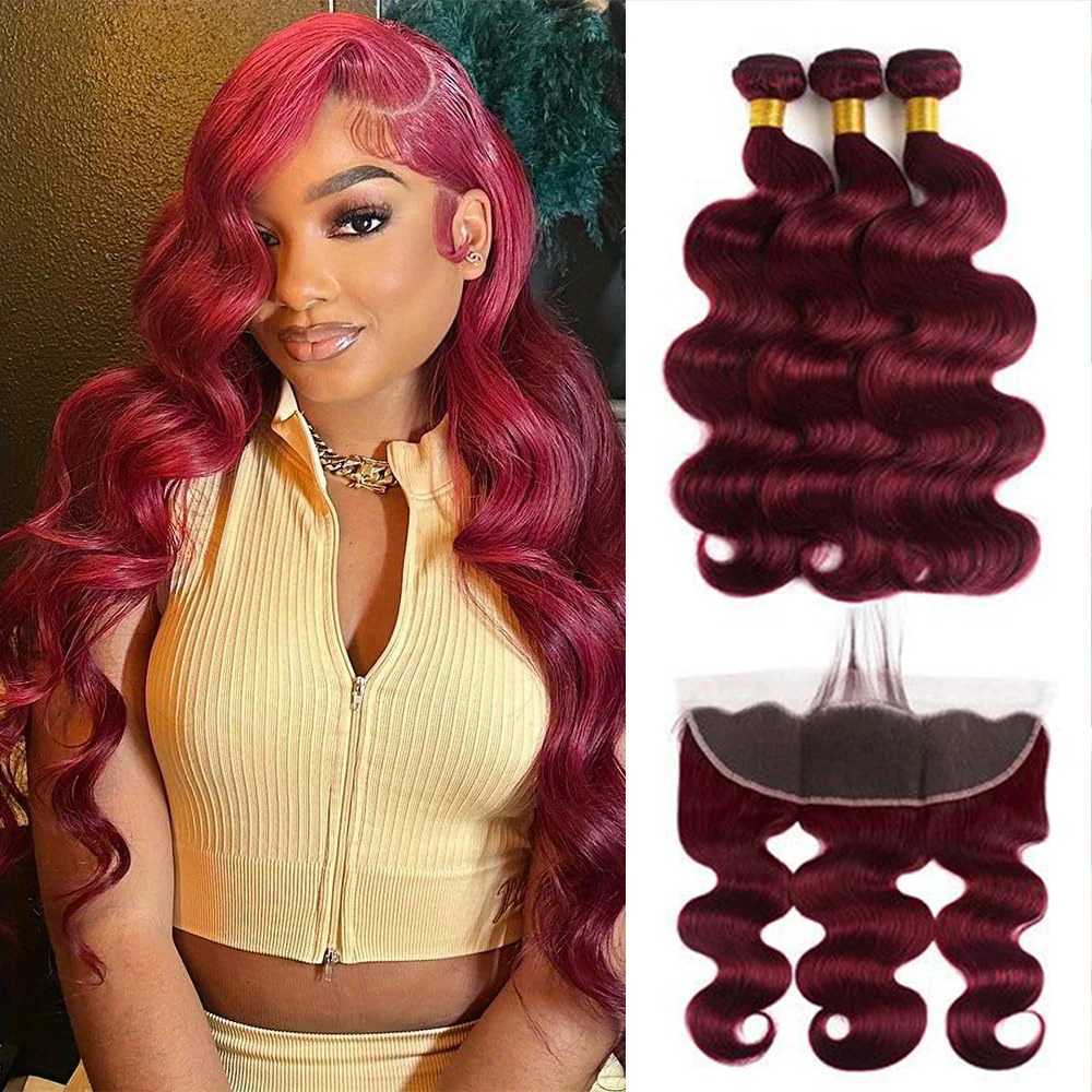Burgundy #99J Body Wave 2 Bundles with Frontal Brazilian Virgin Remy Wavy Hair 3 Bundles with 134 Lace Frontal Wine Red ColoredXJ250120
