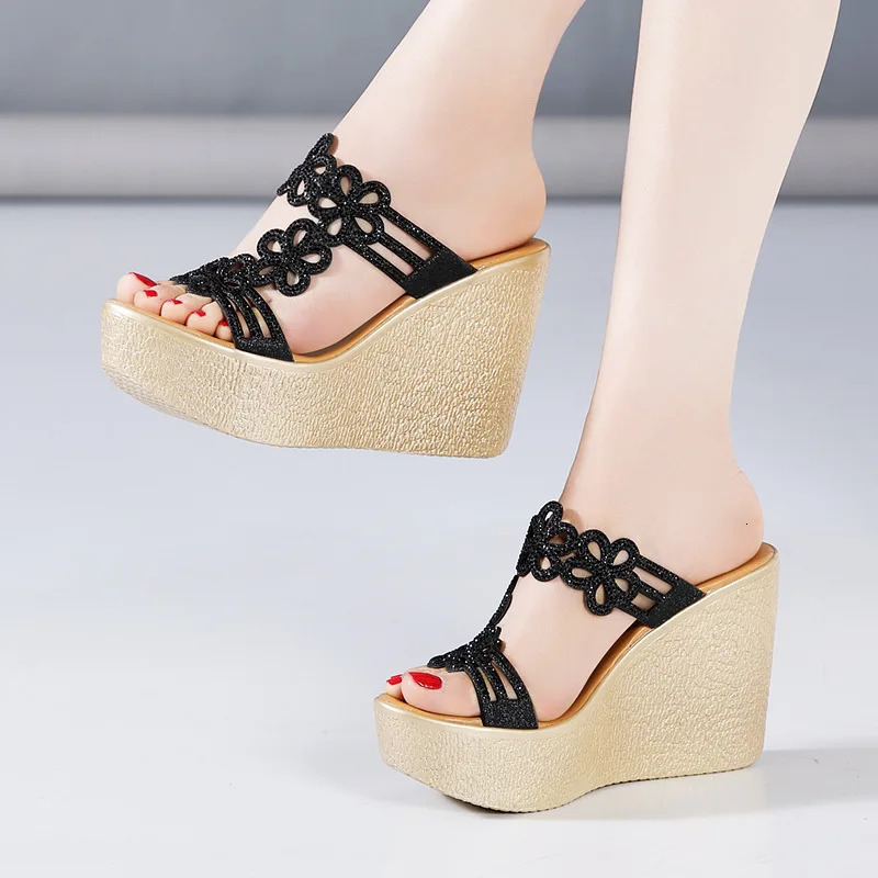 High quality wedge sandals for women 11cm high heel summer size 32 33 42 43 platform open toe elegant shoe black gold 250117