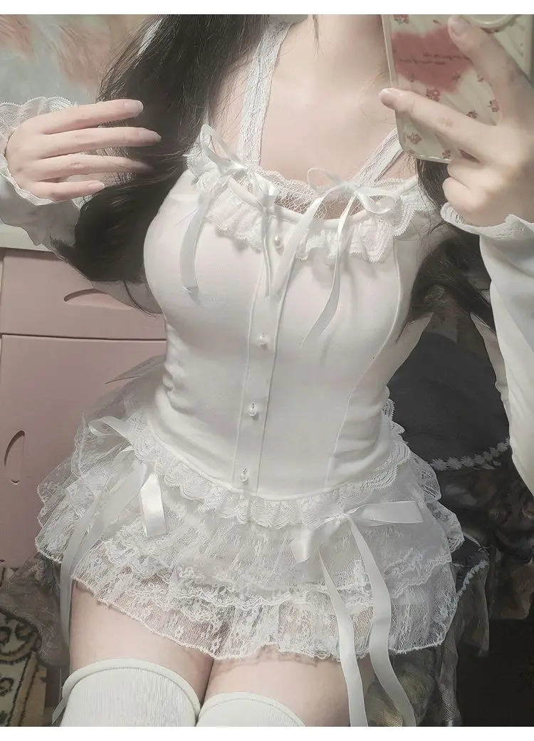 Y2k Lace Sweet Girl Korea Summer Skirt Clothes White MIni High waist Loose Grunge Kawaii Cute Aline Fluffy 250110