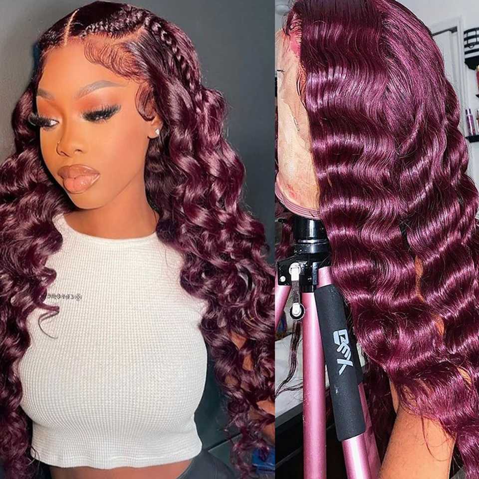 #99j Loose Deep Wave Hair Bundles With 4x4 13x4 HD Clo Frontal Dark Burgundy Human Hair Bundles With 13x4 Frontal PrepluckedXJ250120