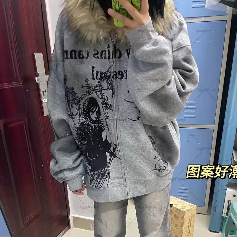 High Street Trendy Y2K Streetwear Jacket Gothic Punk Printed Fur Collar Zipper Hoodie Women Casual Loose Sweatshirt 250122