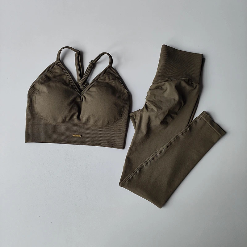 Seamless Hip Lifting Fitness Set Womens Vneck Bra Leggings Yoga Quick Drying Exercise Iron Massage High Fat Tight Pants 250113